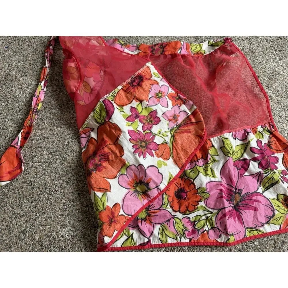 Vintage Sheer and Floral Half Apron Bright Pink Cottagecore